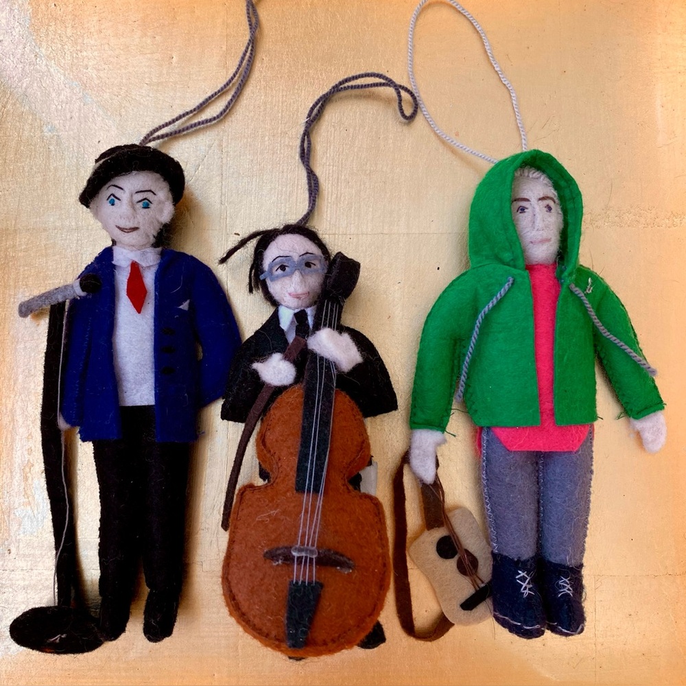 Frank Sinatra, Yo Yo Ma, & Justin Bieber Ornaments. Handmade in Kyrgyzstan.